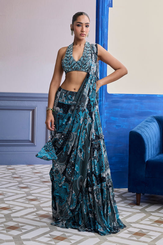 TEAL MOSAIC HALTER BLOUSE WITH TIERED SKIRT SAREE SET
