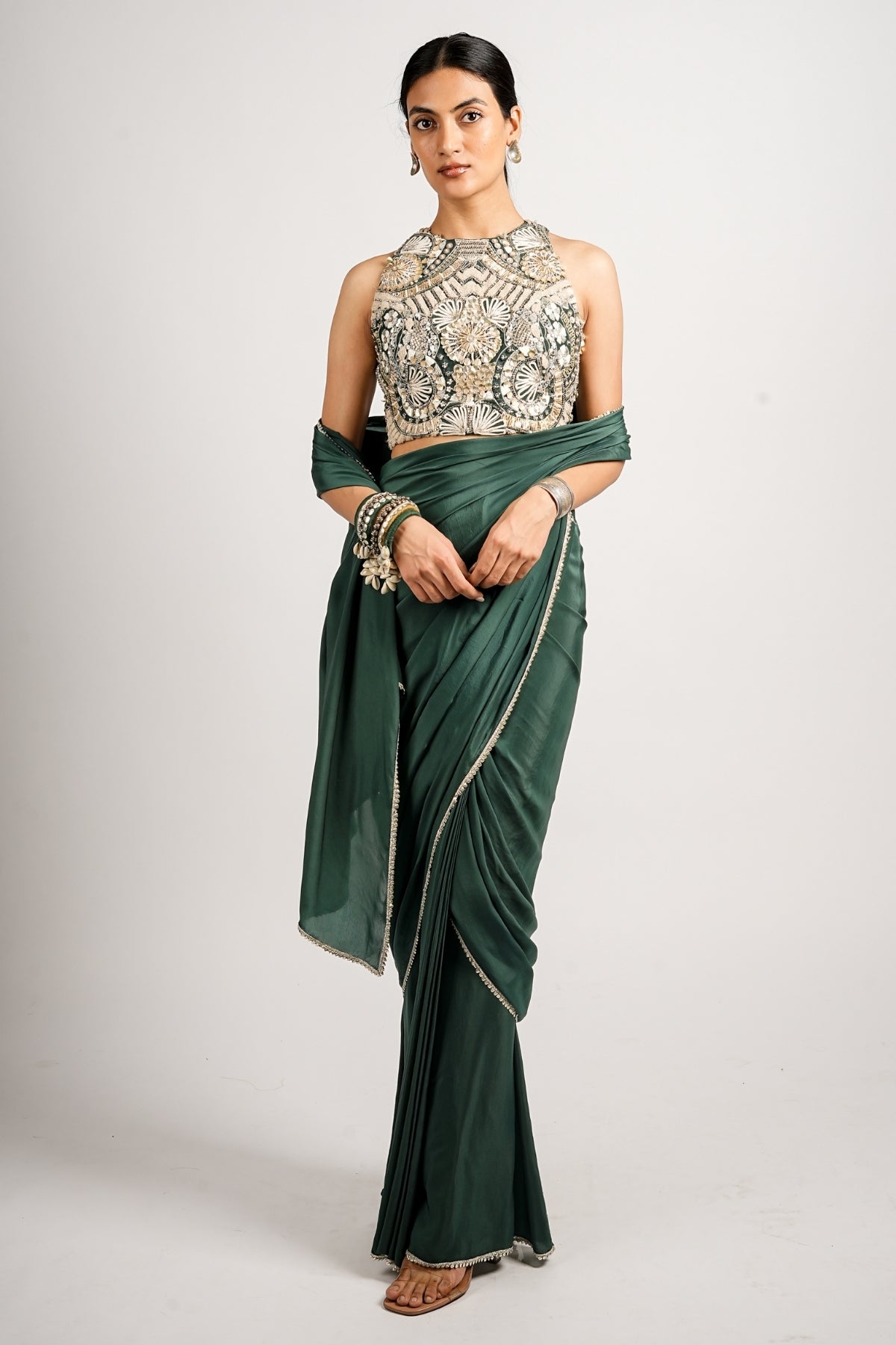 Emerald Regal Saree With Embellished Blouse Set