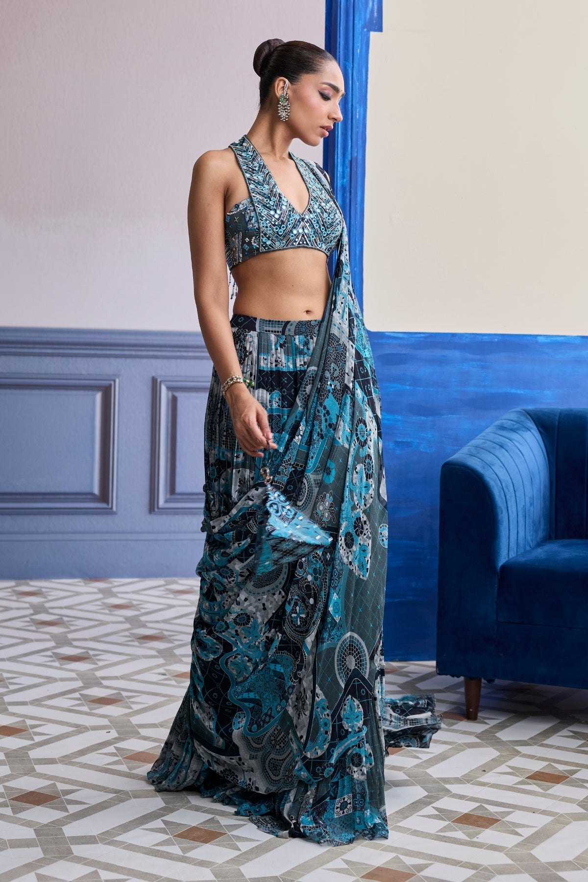 TEAL MOSAIC HALTER BLOUSE WITH TIERED SKIRT SAREE SET