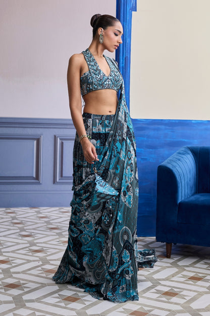 TEAL MOSAIC HALTER BLOUSE WITH TIERED SKIRT SAREE SET