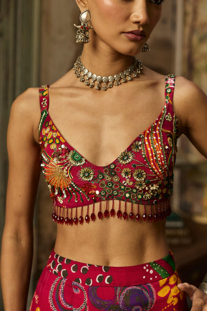 DEEP RED PRINTED AND HIGHLIGHTED SKIRT SET