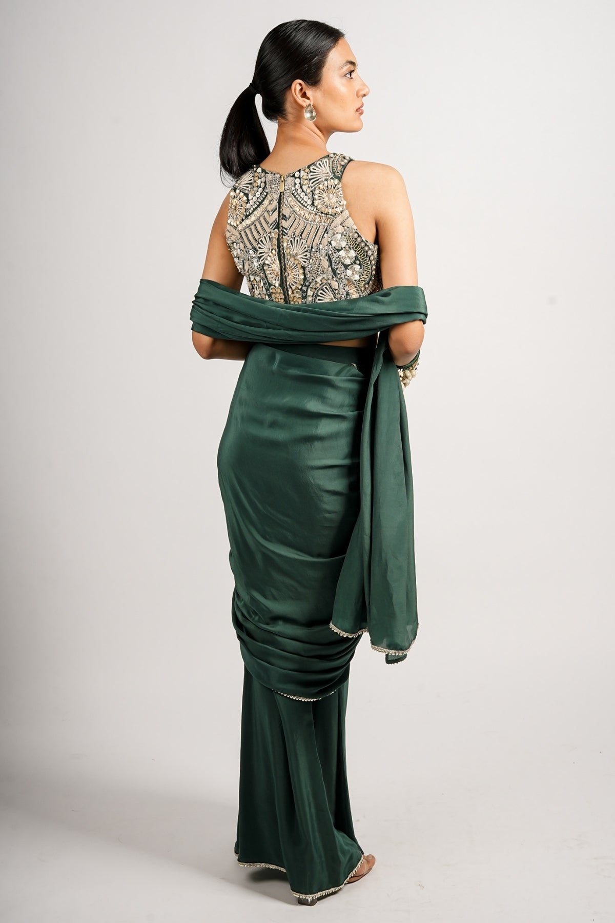Emerald Regal Saree With Embellished Blouse Set