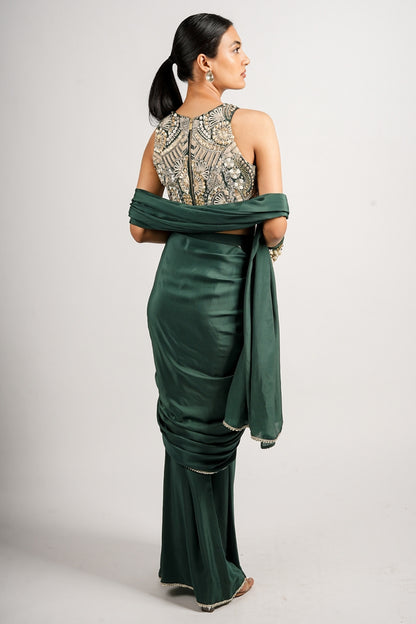 Emerald Regal Saree With Embellished Blouse Set