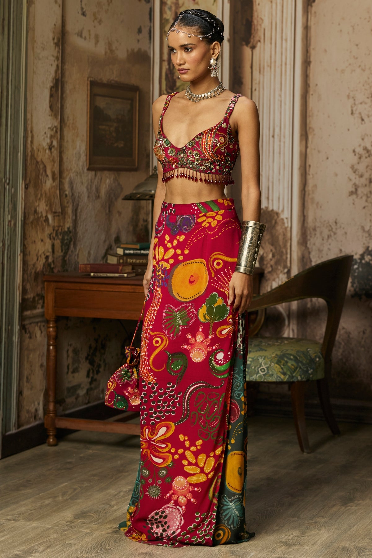 DEEP RED PRINTED AND HIGHLIGHTED SKIRT SET
