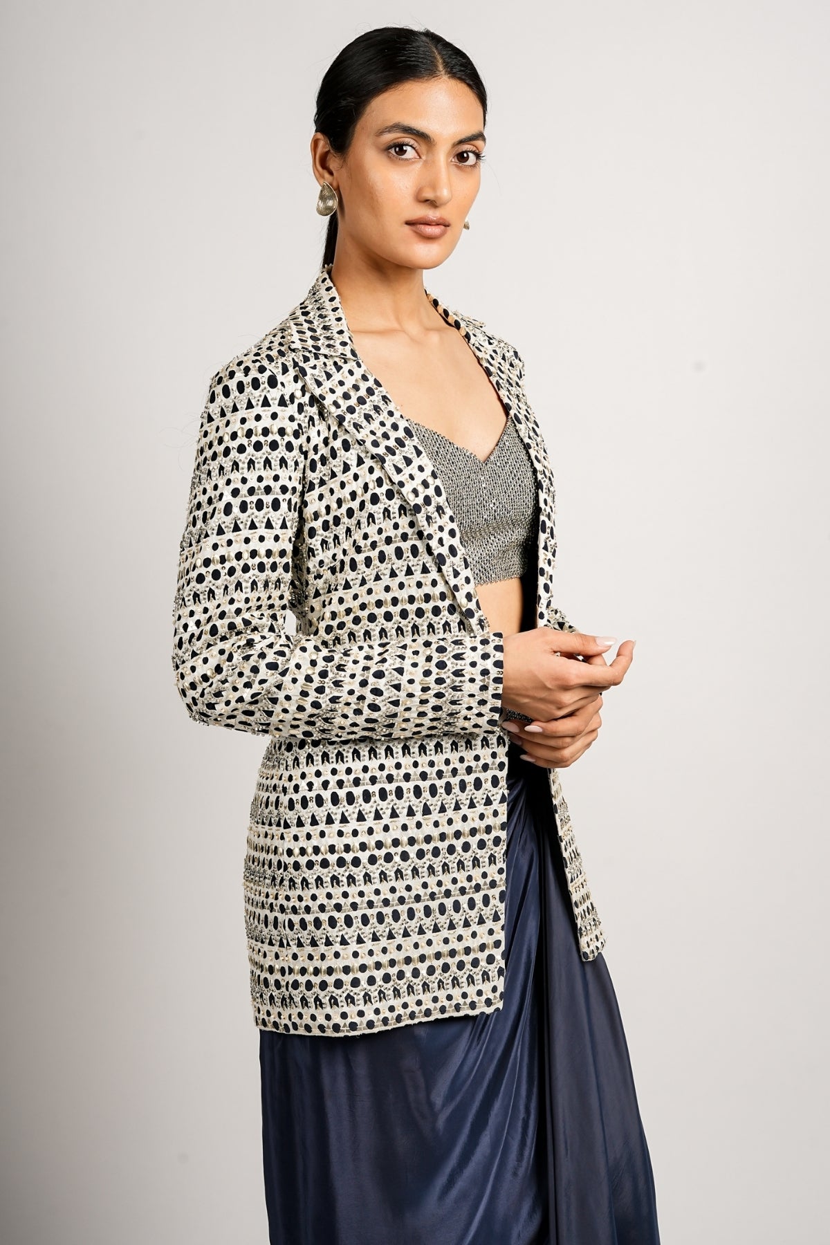 Zehna Cutwork Jacket With Drape Skirt