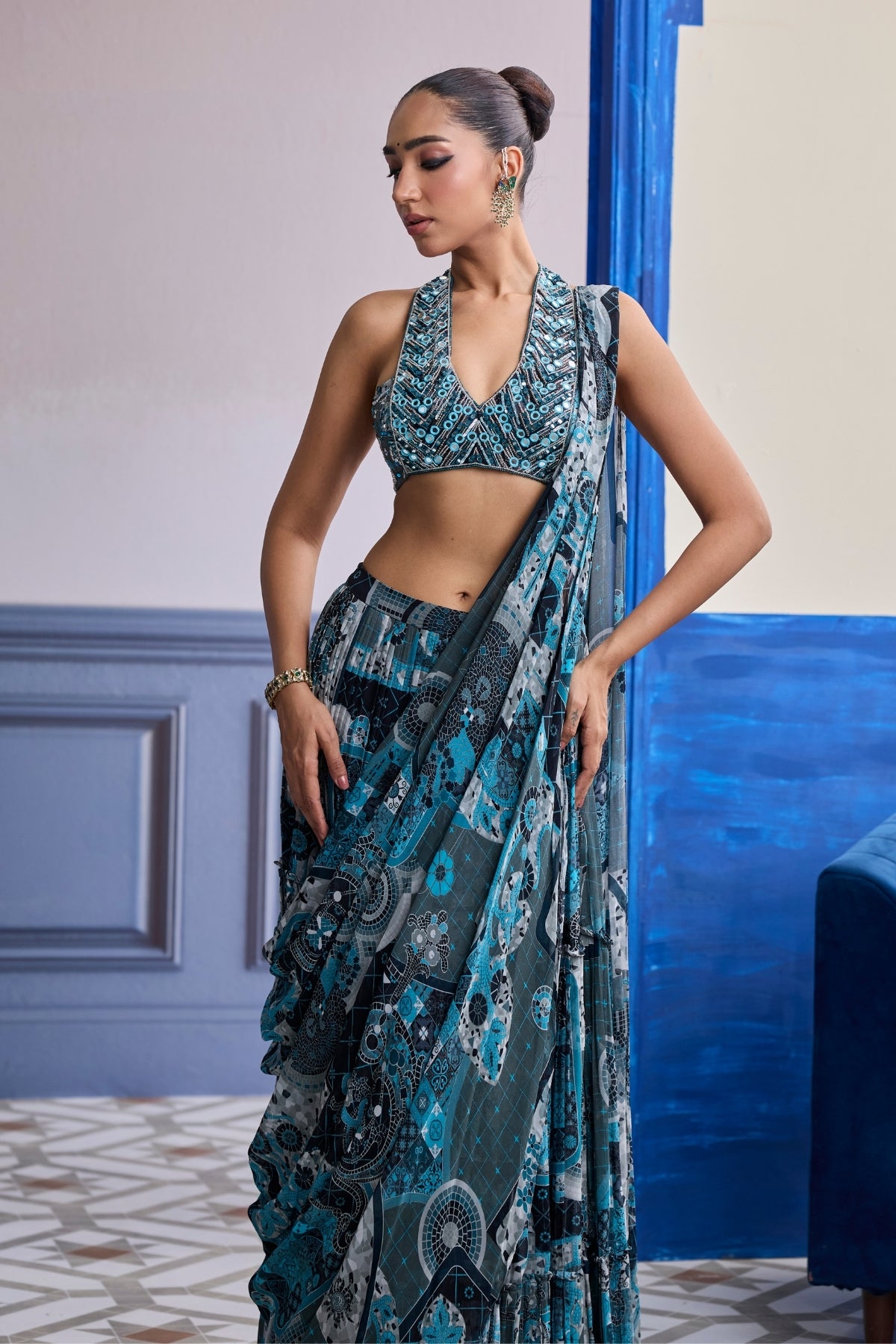 TEAL MOSAIC HALTER BLOUSE WITH TIERED SKIRT SAREE SET