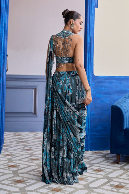 TEAL MOSAIC HALTER BLOUSE WITH TIERED SKIRT SAREE SET