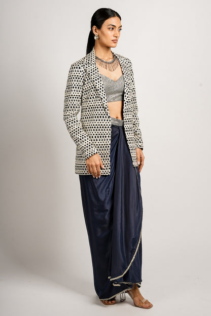 Zehna Cutwork Jacket With Drape Skirt