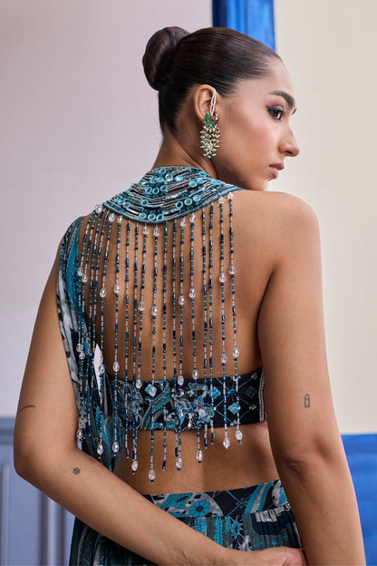 TEAL MOSAIC HALTER BLOUSE WITH TIERED SKIRT SAREE SET