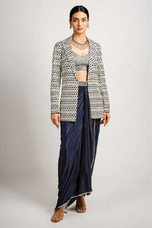 Zehna Cutwork Jacket With Drape Skirt