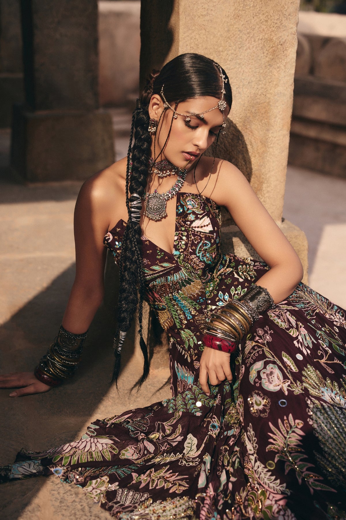 PLUM PRINTED AND HIGHLIGHTED CORSET LEHENGA SET