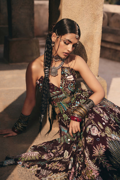 PLUM PRINTED AND HIGHLIGHTED CORSET LEHENGA SET