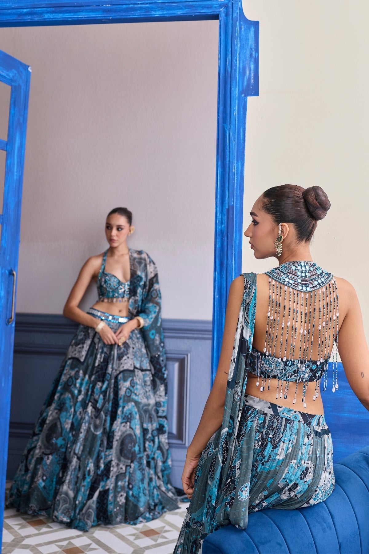 TEAL MOSAIC HALTER BLOUSE WITH TIERED SKIRT SAREE SET