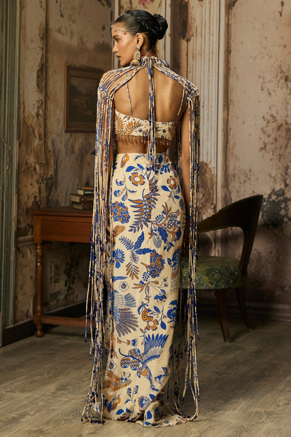 IVORY PRINTED AND HIGHLIGHTED BLOUSE WITH FRINGE JACKET & SKIRT SET