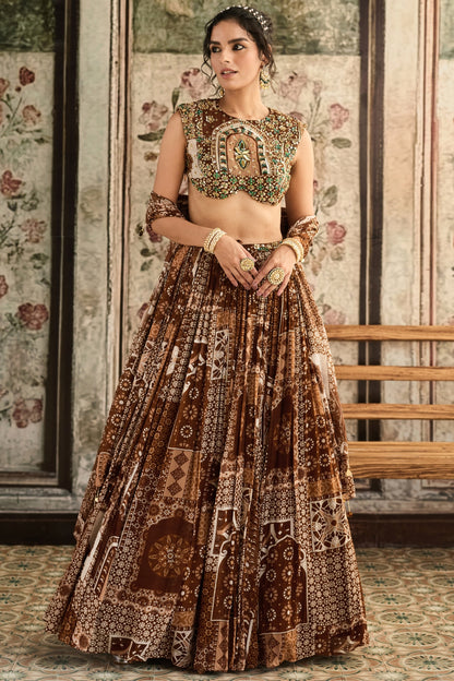 CARAMEL PRINT AND HIGHLIGHTED  BLOUSE AND LEHENGA  SET