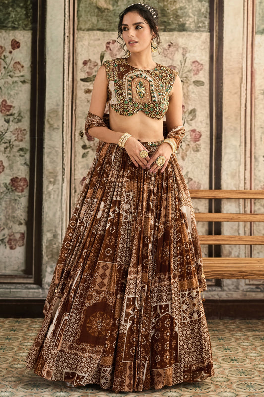 CARAMEL PRINT AND HIGHLIGHTED  BLOUSE AND LEHENGA  SET