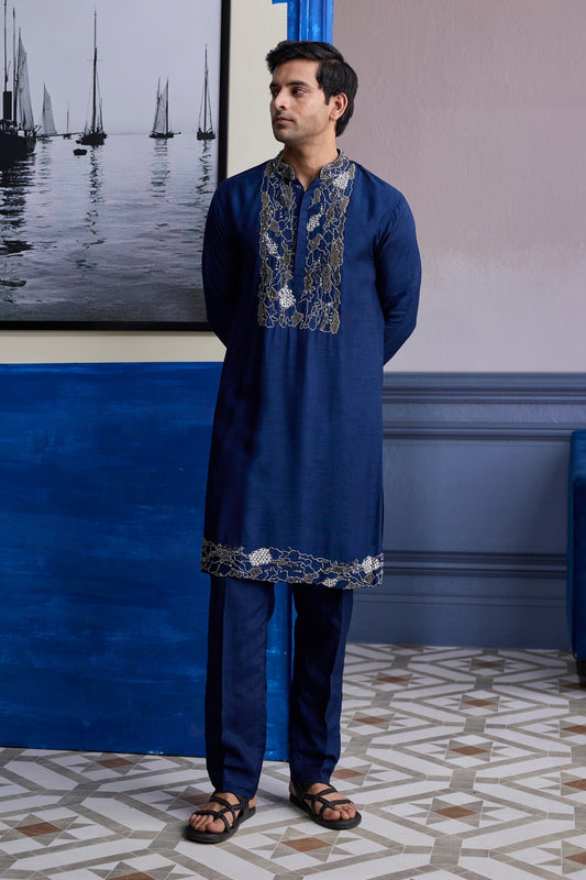 DARK BLUE ABSTRACT EMBOIDERED KURTA WITH SOLID PANTS
