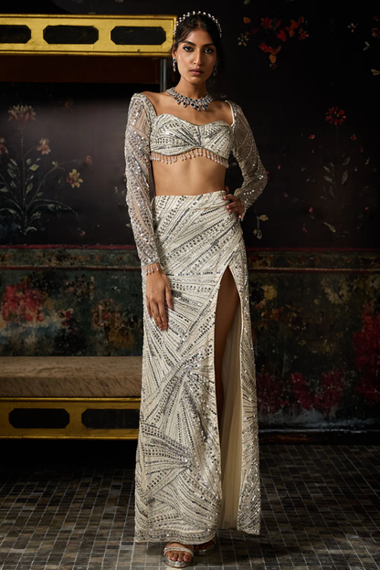 SILVER FULLY EMBELLISHED SLIT SKIRT SET