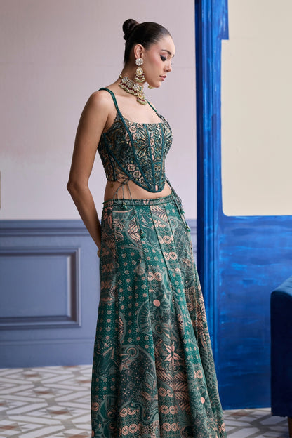 TEAL FLORAL CORSET WITH TIE-UP DETAIL & PANELLED SLIT SKIRT SET