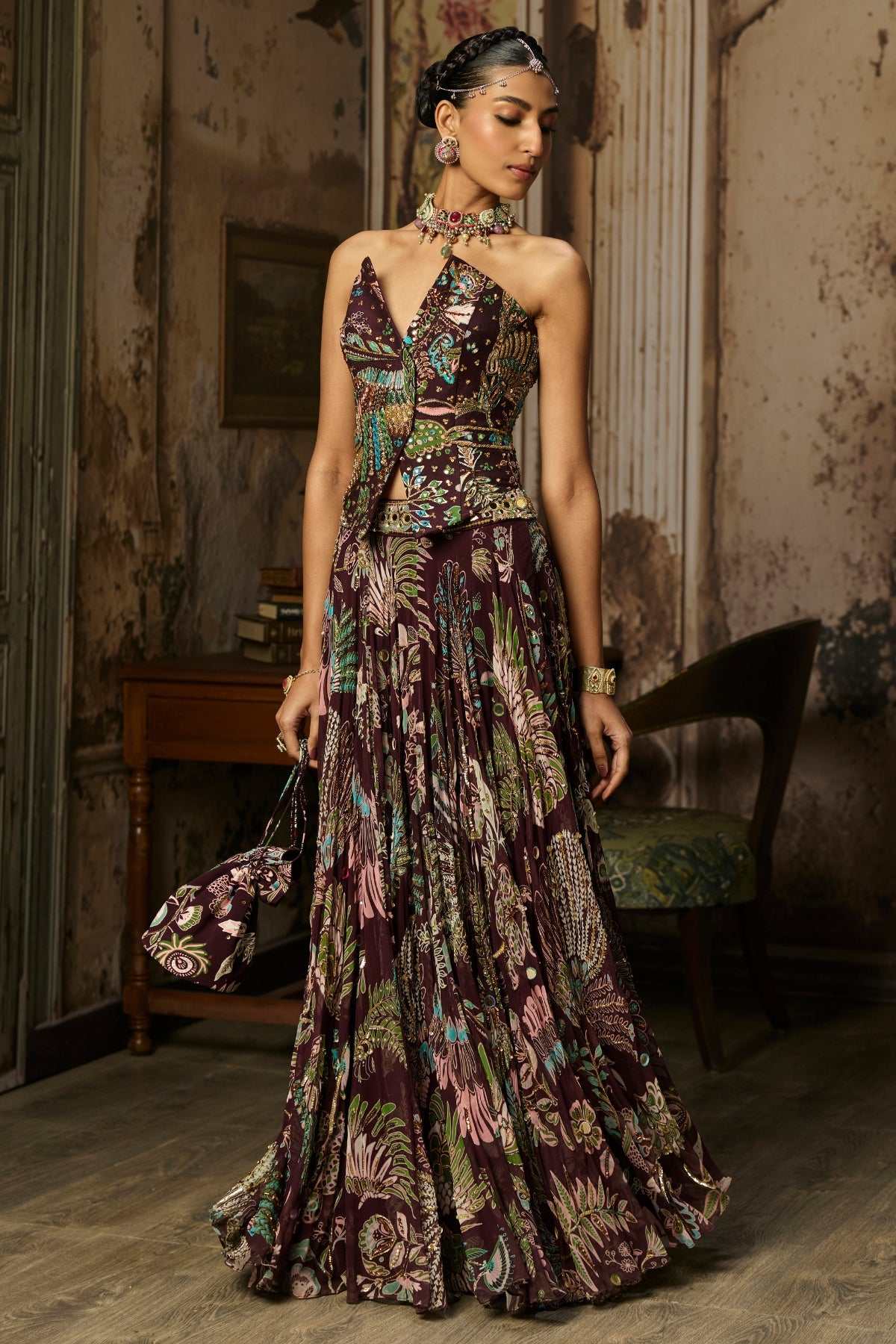 PLUM PRINTED AND HIGHLIGHTED CORSET LEHENGA SET