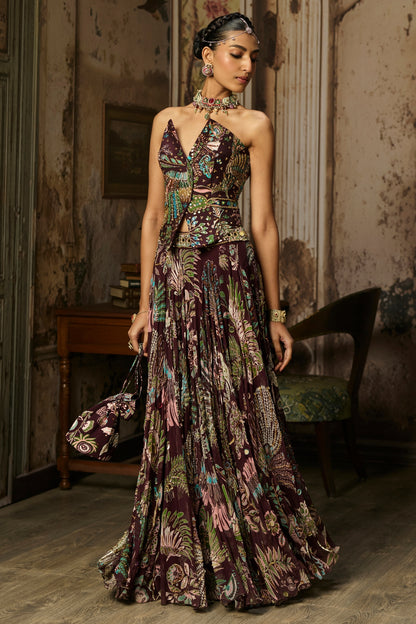 PLUM PRINTED AND HIGHLIGHTED CORSET LEHENGA SET