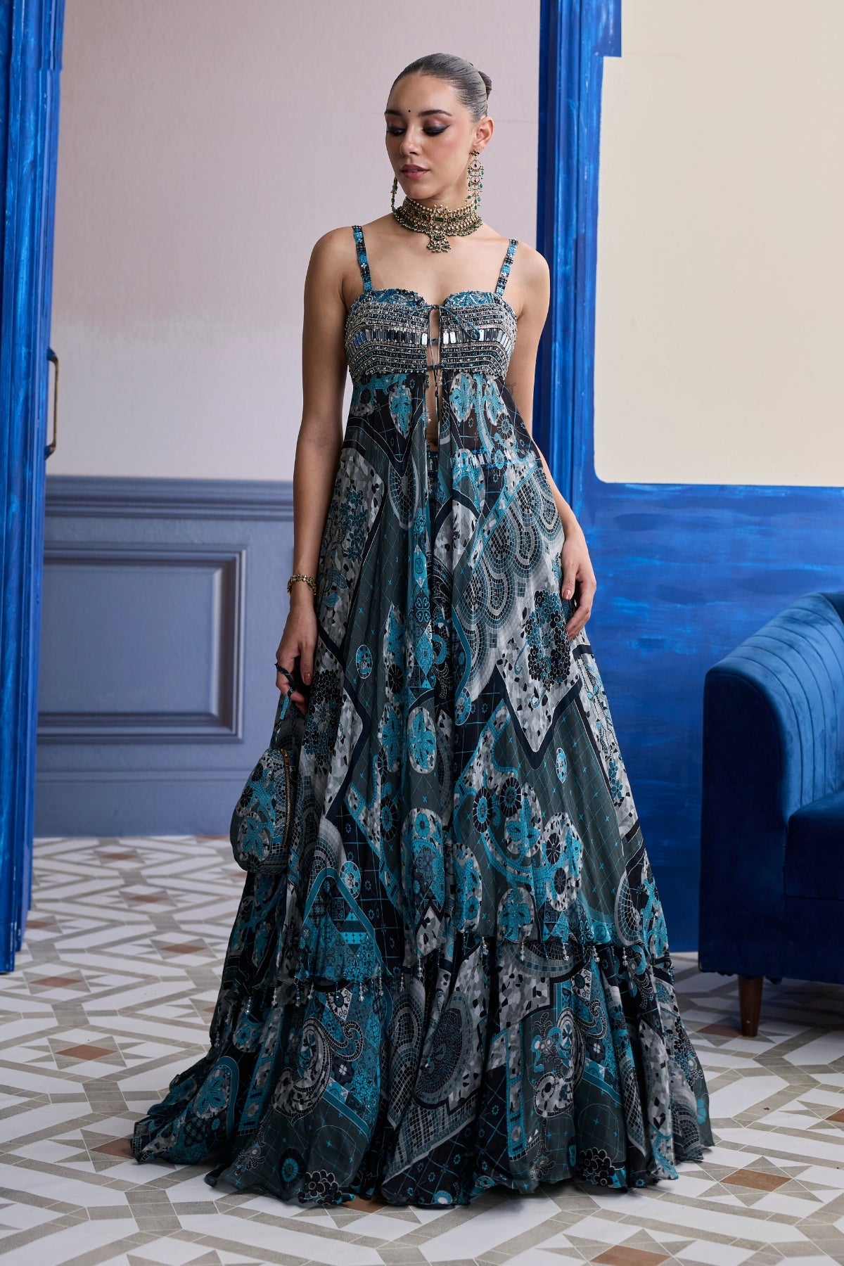 TEAL & BLACK MOSAIC TUNIC BLOUSE WITH PRINTED LEHENGA SET