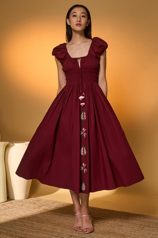 Maroon Smocked Midi Dress