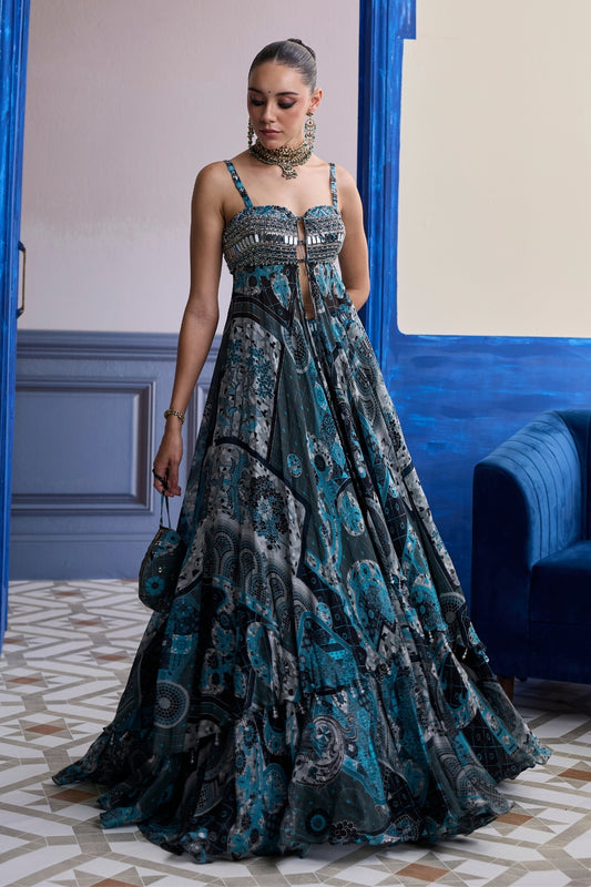 TEAL & BLACK MOSAIC TUNIC BLOUSE WITH PRINTED LEHENGA SET