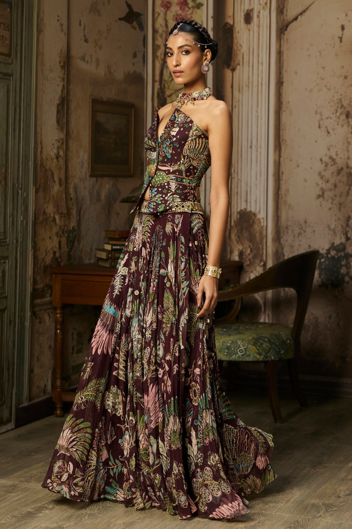 PLUM PRINTED AND HIGHLIGHTED CORSET LEHENGA SET