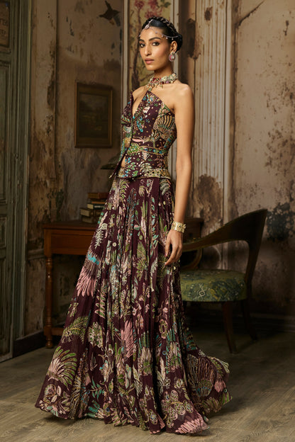 PLUM PRINTED AND HIGHLIGHTED CORSET LEHENGA SET