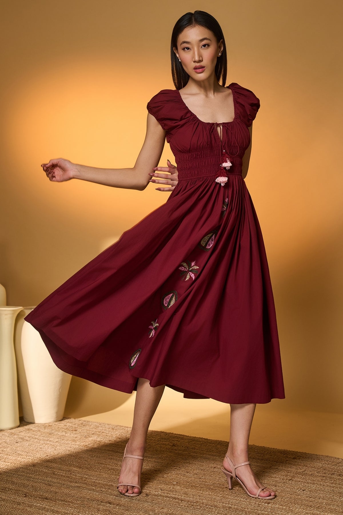 Maroon Smocked Midi Dress