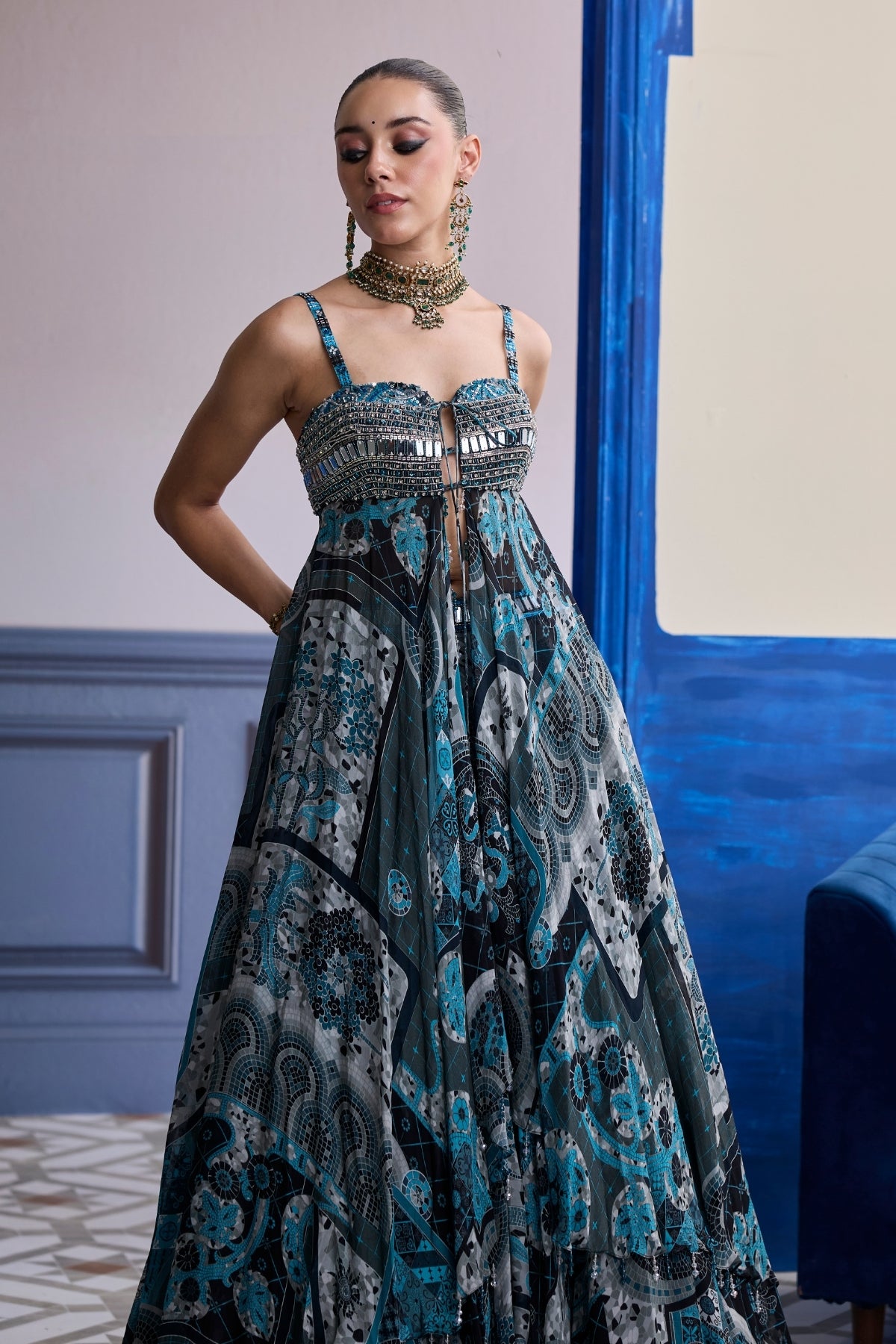 TEAL & BLACK MOSAIC TUNIC BLOUSE WITH PRINTED LEHENGA SET