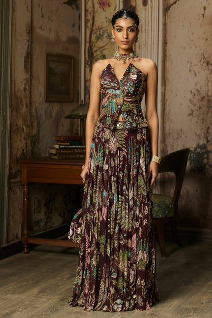 PLUM PRINTED AND HIGHLIGHTED CORSET LEHENGA SET