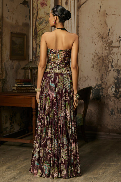 PLUM PRINTED AND HIGHLIGHTED CORSET LEHENGA SET