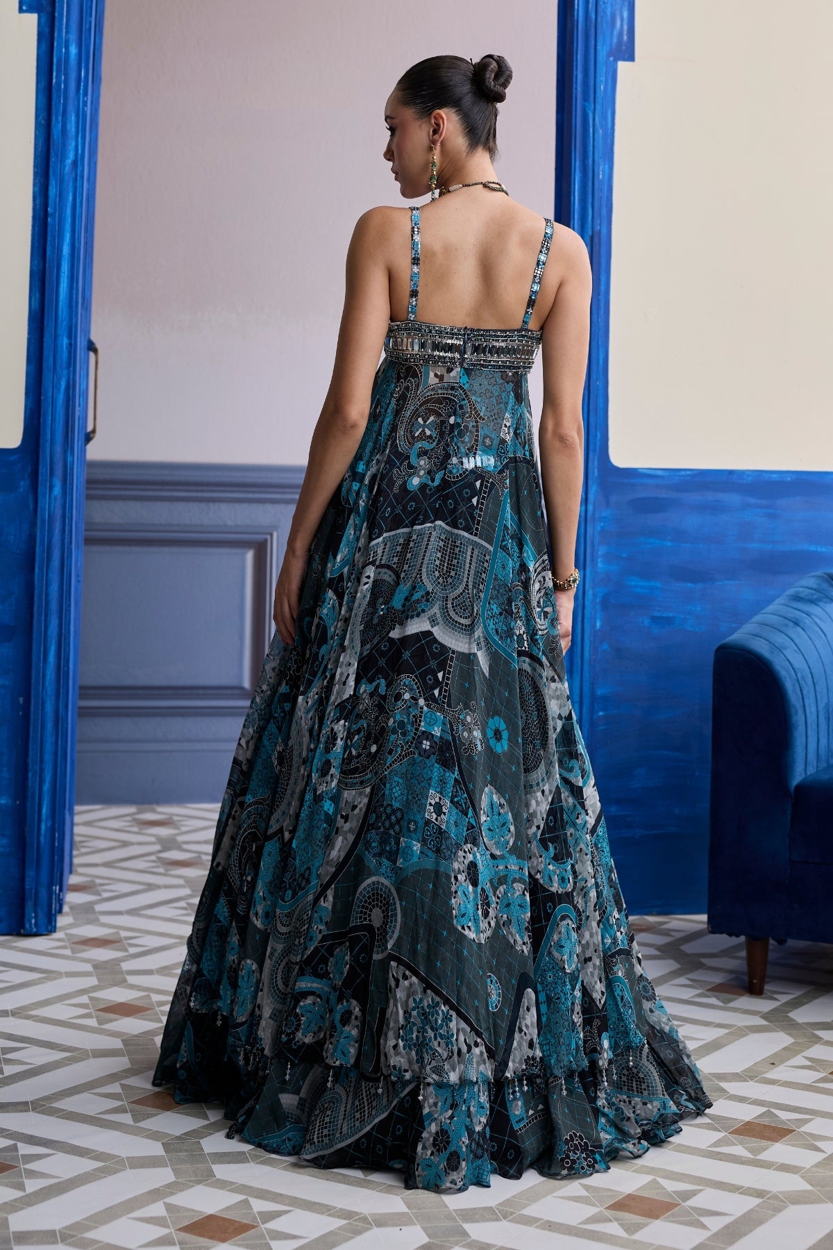TEAL & BLACK MOSAIC TUNIC BLOUSE WITH PRINTED LEHENGA SET