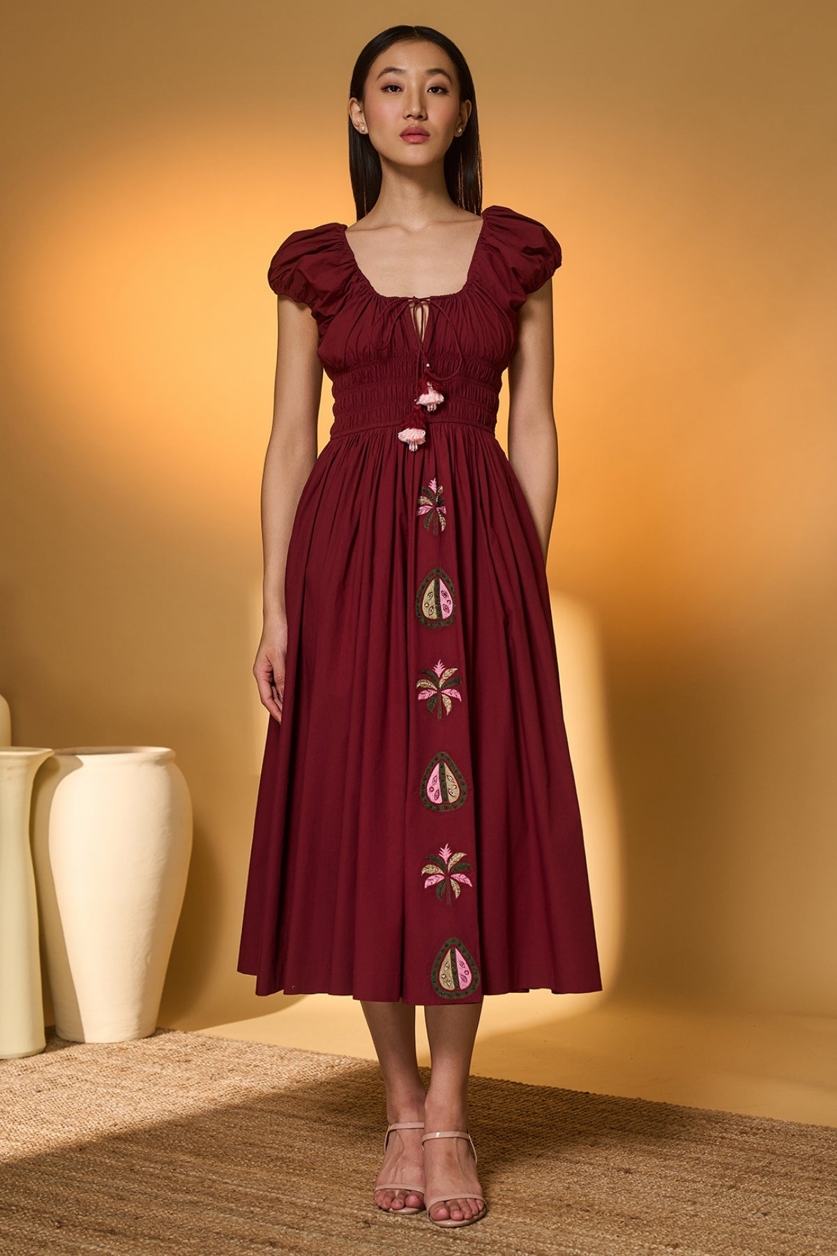 Maroon Smocked Midi Dress