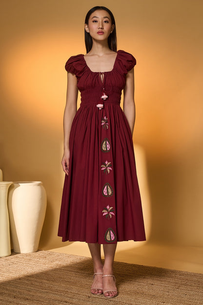 Maroon Smocked Midi Dress