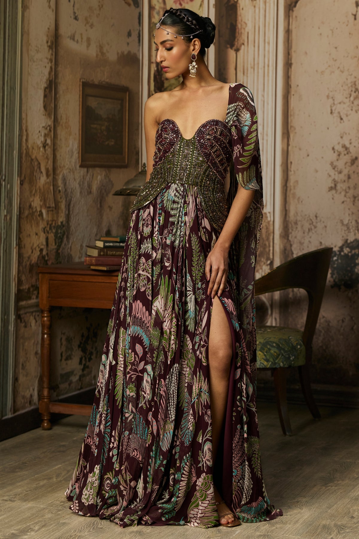 PLUM PRINTED AND EMBROIDERED DRAPE GOWN SAREE