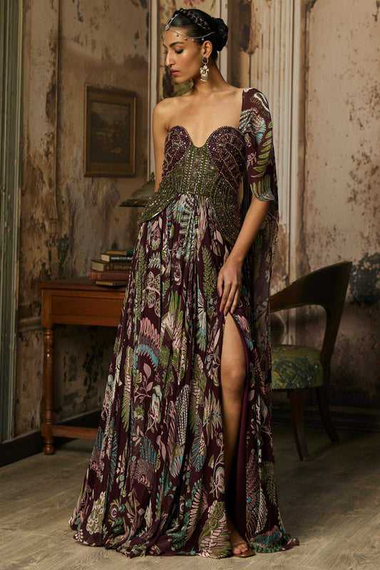 PLUM PRINTED AND EMBROIDERED DRAPE GOWN SAREE