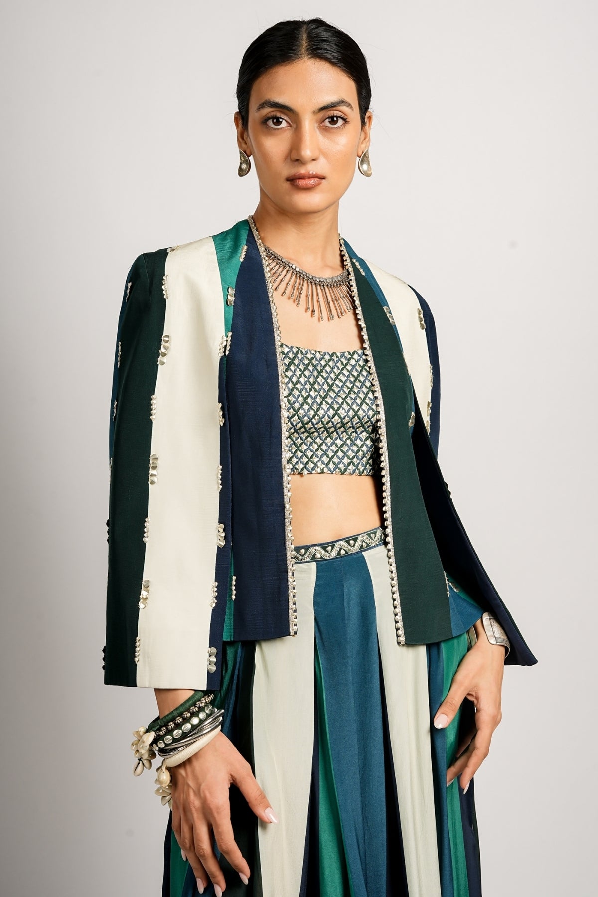 Hana Cape Jacket With Pleated Pants and Bustier