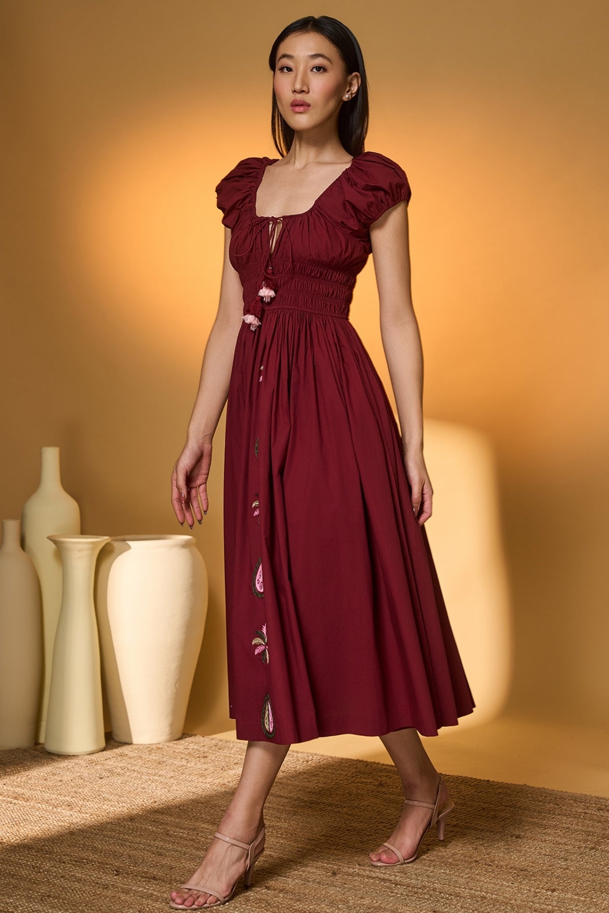 Maroon Smocked Midi Dress
