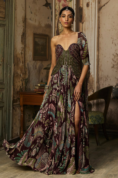 PLUM PRINTED AND EMBROIDERED DRAPE GOWN SAREE