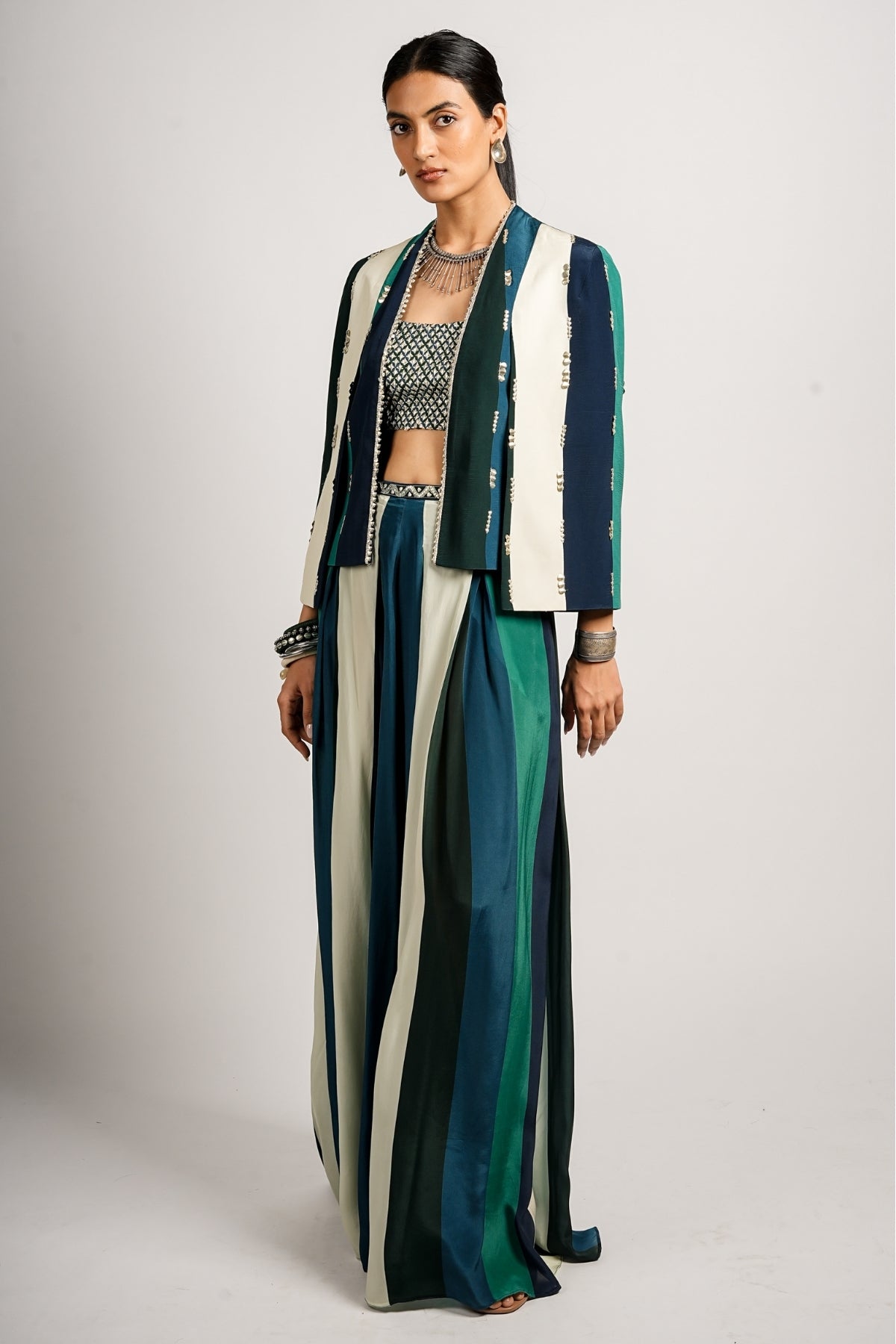 Hana Cape Jacket With Pleated Pants and Bustier