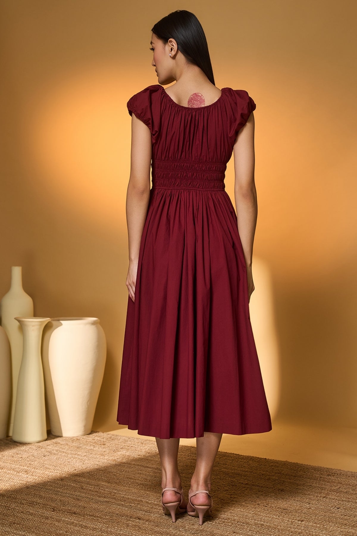 Maroon Smocked Midi Dress