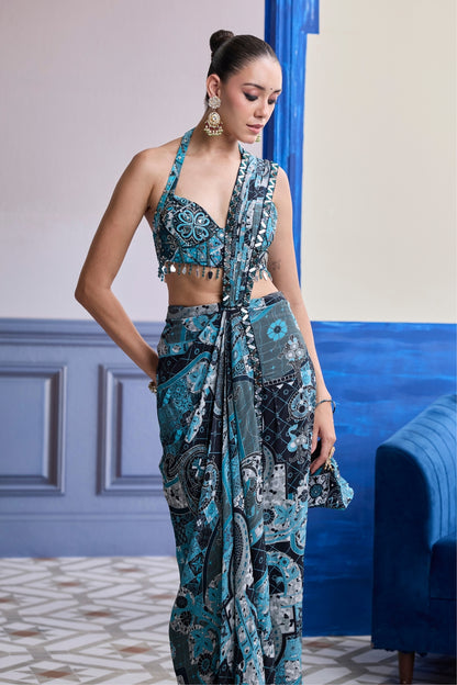 TEAL MOSAIC BLOUSE WITH HIGHLIGHTED BORDER SLIT SAREE SET