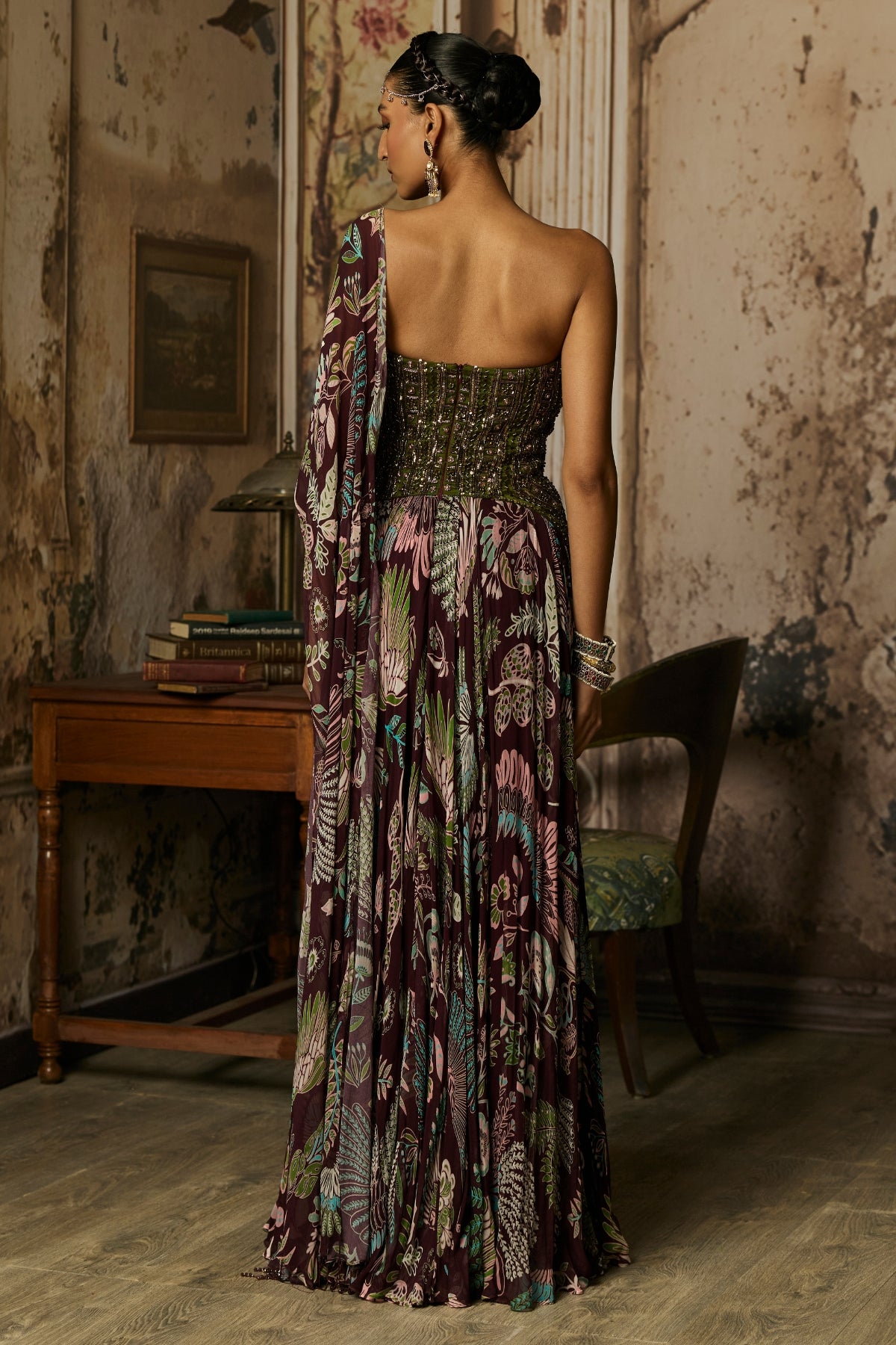 PLUM PRINTED AND EMBROIDERED DRAPE GOWN SAREE