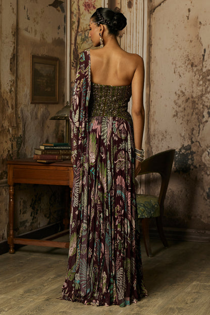 PLUM PRINTED AND EMBROIDERED DRAPE GOWN SAREE