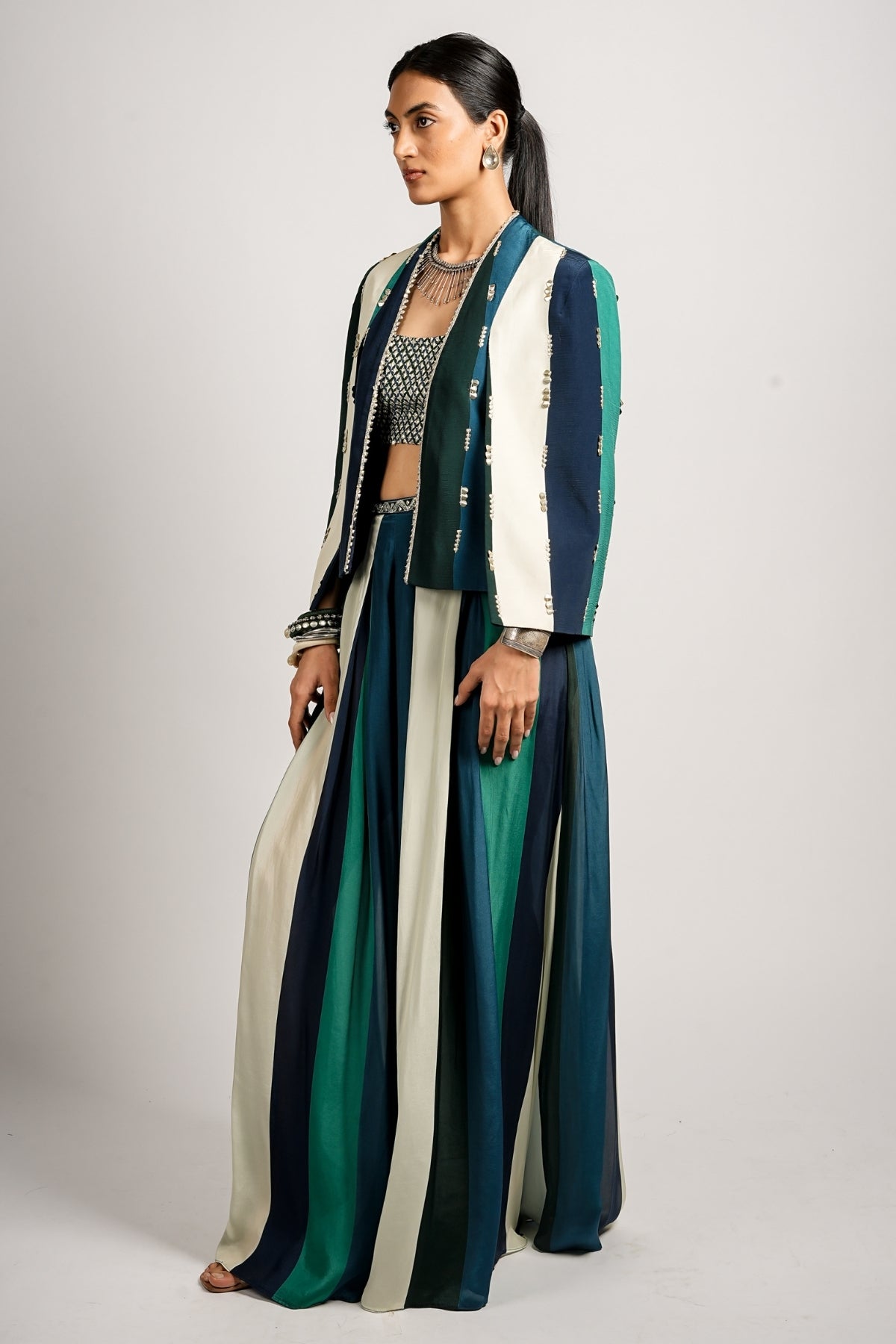 Hana Cape Jacket With Pleated Pants and Bustier