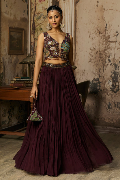 PLUM PRINT AND HIGHIGHTED BLOUSE WITH SKIRT SET