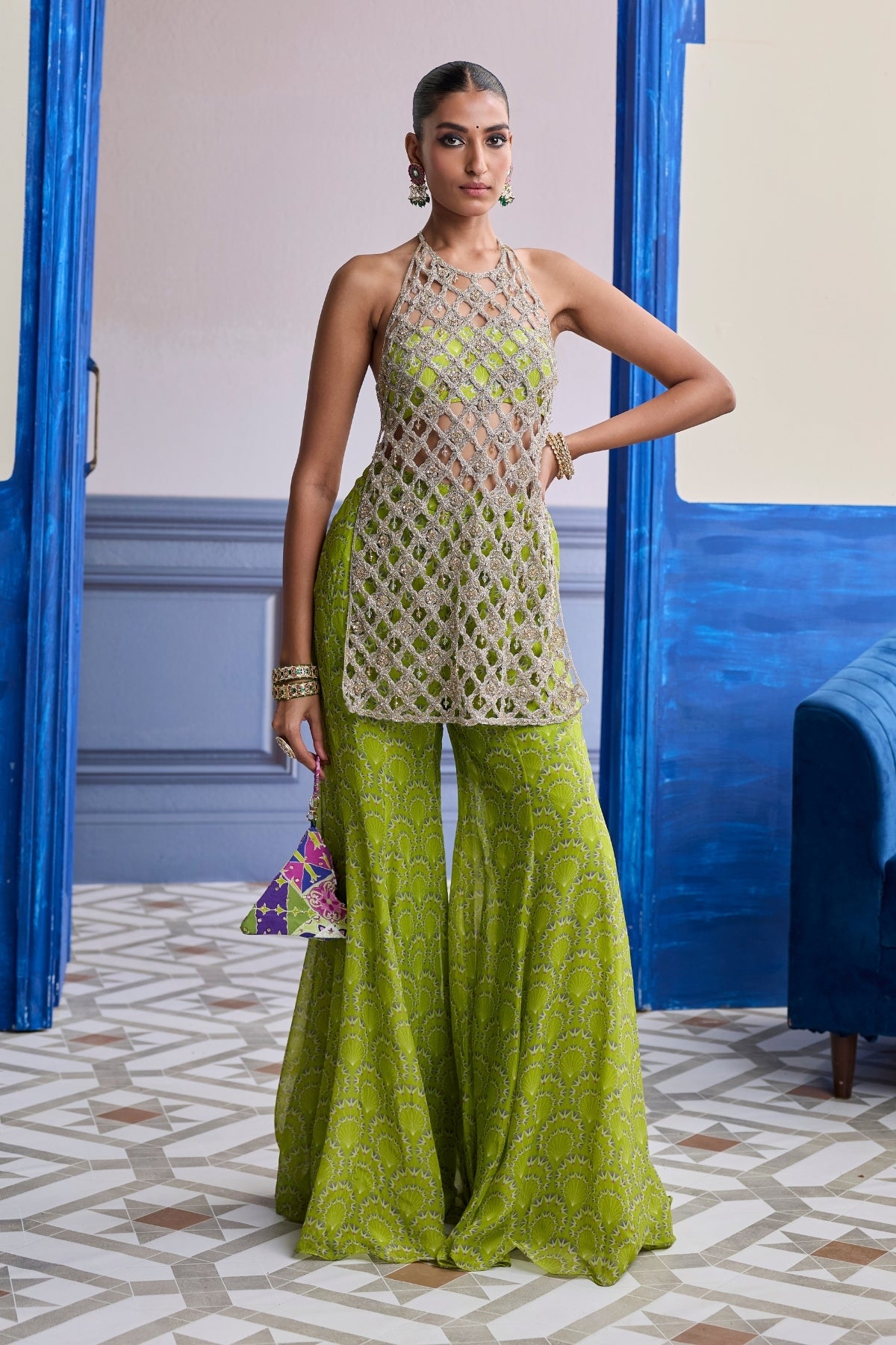 NEON GREEN PRINTED BUSTIER WITH BELL-BOTTOMS & EMBROIDERED CUTWORK KURTI SET